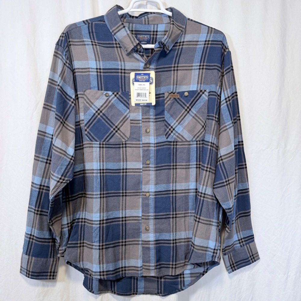 Smith's Workwear Flannel Button-Down Shirt Denim Grey Plaid‎ 2-Pocket 2XL
